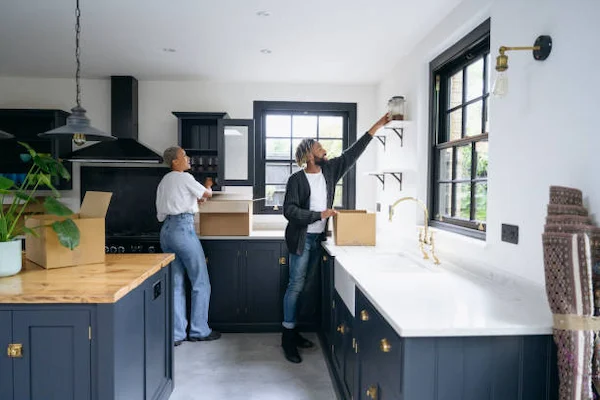 Unpacking moving boxes in new home kitchen
